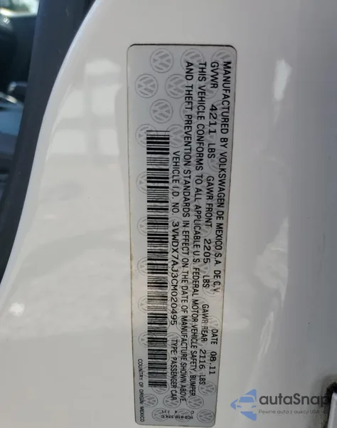 2012 Volkswagen Jetta Se из США, поврежденный, VIN 3VWDX7AJ3CM020495